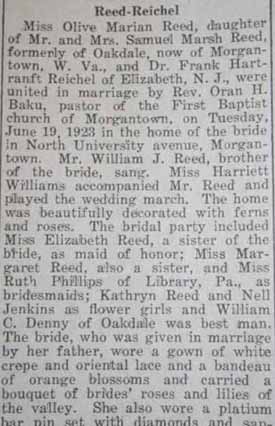 Part 1 Marriage Notice for Frank Hartranft REICHEL to Olive Marian Reed, 19 Jun 1923