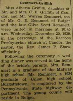 Marriage notice for 
Warren REMMERT to Alberta Giffith, 20 Dec 1939