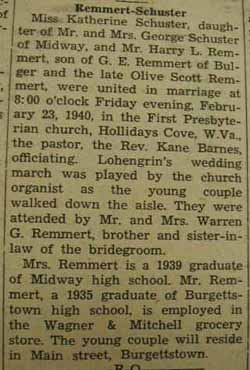 Marriage notice for 
Harry L. REMMERT to Katherine Schuster, 23 Feb 1940