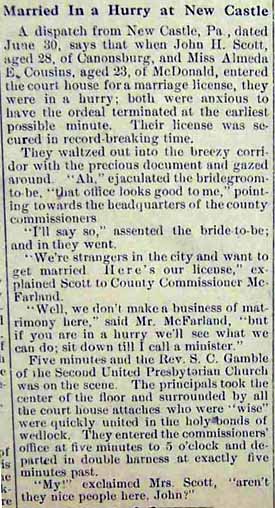Marriage Notice for John H. SCOTT to Almeda E. Cousins, 30 Jun 1914
