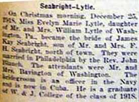 Marriage Notice for James Kay SEABRIGHT to Evelyn Marie LYTLE, Christmas morning, December 25, 1918