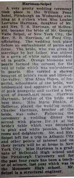 Marriage notice for George Valle SEIPEL to Louise Lorraine Hartman, no date, in 6-23-1927 paper