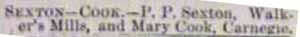 Marriage Notice for P. P. SEXTON to Mary Cook, no date, in 8-7-1897 paper