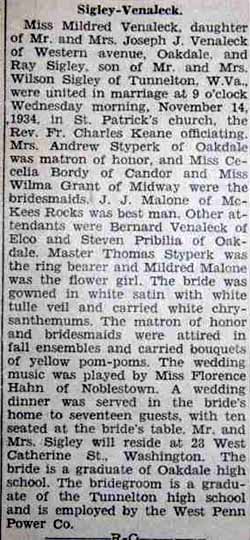Marriage Notice for Ray SIGLEY to Mildred Venaleck, 14 Nov 1934