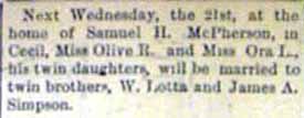 Marriage Notice for James A. SIMPSON to Ora I. McPherson, 21 Feb 1900