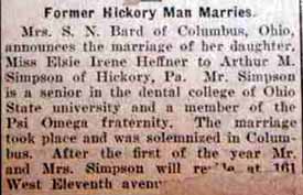 Marriage notice for Arthur M. SIMPSON to Elsie Irene Heffner, no
date, in 1-5-1923 paper