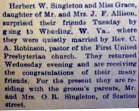 Marriage Notice for Herbert W. SINGLETON to Grace Allison, no date, in 3-16-1907 paper