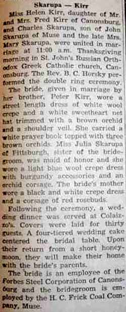 Marriage Notice for Charles SKARUPA to Helen Kirr, Thanksgiving, 1947