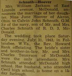 Marriage Notice for Calvin John SCHNUTH to Nina June Hoover, 31 Jul 1943