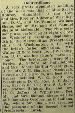 Marriage Notice for Samuel Wallace SHANE to Sarah Lilian Rohrer, 5 Sep 1928