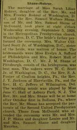 Article 2 Marriage notice for  Samuel Wallace SHANE to Sarah Lilian Rohrer, 5 Sep 1928