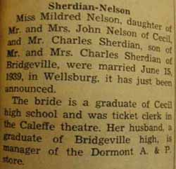 Marriage Notice for Charles SHERDIAN to Mildred Nelson, 15 Jun 1939