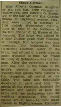 Marriage notice for Edward O. SHOUP to Alberta Gorman, 25 Jun 1936