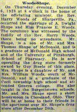Marriage Notice for A. Dwight SHUPE to Frances E. Woods, 6 Dec 1928