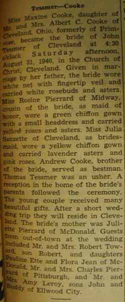 Marriage Notice for 
John TESSMER to Maxine Cooke, 31 Aug 1940