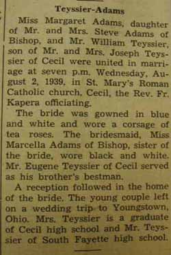 Marriage notice for 
William TEYSSIER to Margaret Adams, 2 Aug 1939