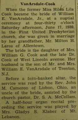 Part 1 Marriage Notice for William E. VANARSDALE, Jr. to Hilda Lila Cook, 17 Jun 1939