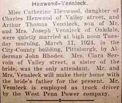 Marriage Notice for Arthur Thomas VENALECK to Catherine Henwood, 11 Mar 1924