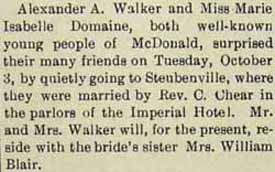 Marriage Notice for Alexander A. WALKER to Marie Isabelle Domaine 3 Oct 1905