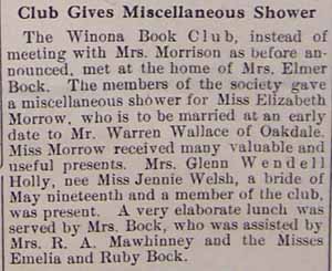Wedding Shower Warren WALLACE to Miss Elizabeth MORROW, no date 1914