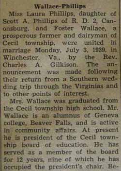 Part 1 Marriage Notice for
Foster WALLACE to Laura Phillips, 3 Jul 1939