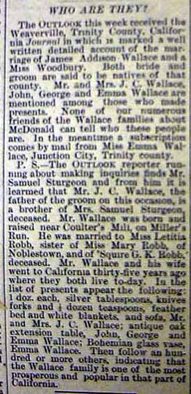 Marriage Notice for James Addison WALLACE to Miss Woodbury Jan 1894