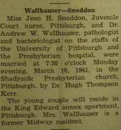 Marriage Notice for 
Andrew W. WALLHAUSER to Jean H. Sneddon, 10 Mar 1941