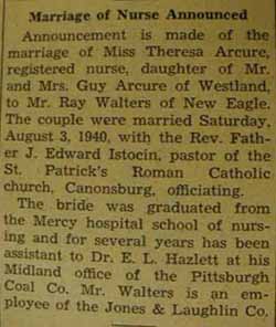 Marriage Notice for 
Ray WALTERS to Theresa Arcure, 3 Aug 1940