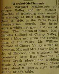Marriage Notice for 
Michael WARCHOL to Margaret McClements, 15 Jun 1940