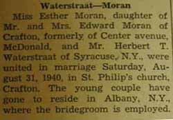Marriage Notice for 
Herbert WATERSTRAAT to Esther Moran, 31 Aug 1940