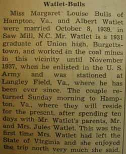 Marriage Notice for 
Albert WATLET to Margaret Louise Bulls, 8 Oct 1939