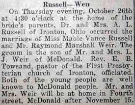 Marriage Notice for Raymond Marshall WEIR to Mable Vance Russell, 26 Oct 1922