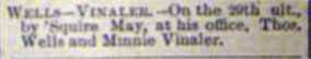 Marriage Notice for Thos. WELLS to Minnie Vinaler, 29 Apr 1894