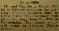 Marriage Notice for David YATES to Mary Giffin, 20 Jun 1936