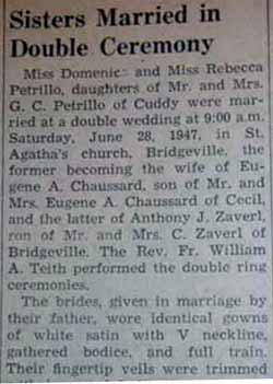 Part 1 Marriage Notice for Anthony J. ZAVERL to Domenica Petrillo, 28 Jun 1947