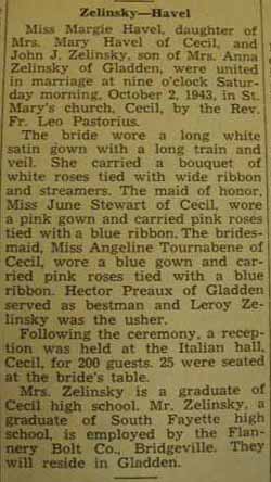 Marriage Notice for 
        John J. ZELINSKY to Margie Havel, 2 Oct 1943