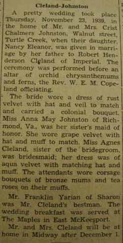Marriage Notice for Robert Henderson CLELAND to Nancy Eleanor Johnston, 23 Nov 1939