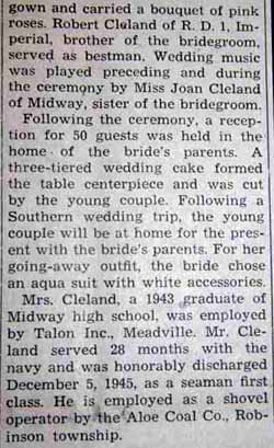 Part 2 Marriage Notice for Howard Dean CLELAND to Doris Jean Fulton, 3 May 1947