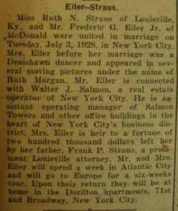 Marriage Notice for 
Frederic G. EILER to Ruth N. Straus, 3 Jul 1928