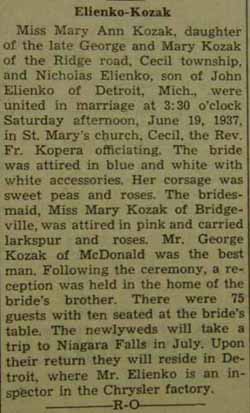 Marriage notice for 
Nicholas ELIENKO to Mary Ann Kozak, 19 Jun 1937