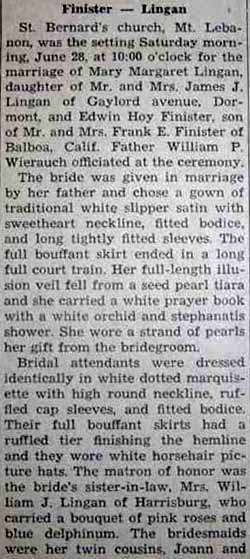 Part 1 Marriage Notice for Edwin How FINISTER to Mary Margaret Lingan, 28 Jun 1947