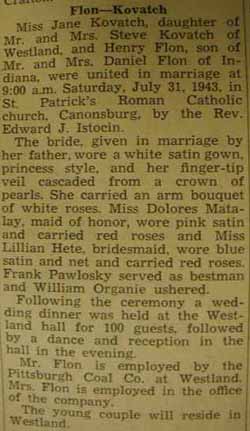 Marriage notice for 
        Henry FLON to Jane Kovatch, 31 Jul 1943