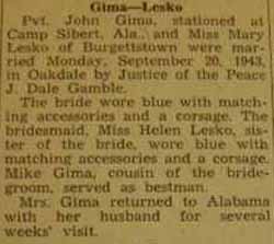 Marriage Notice for 
John GIMA to Mary Lesko, 20 Sep 1943
