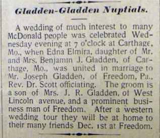 Joseph GLADDEN to Edna Elmira Gladden, no date, in 10-25-1902 Tues paper 
-wedding Nov. 19th? - perpetual calendar