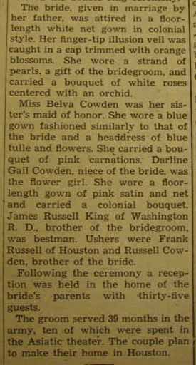 Part 2 Marriage Notice for Jesse Clinton KING to Lois Thelma Cowden, 19 Jun 1946
