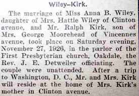 Marriage Notice for Ralph KIRK to Anna B. Wiley, 27 Nov 1926