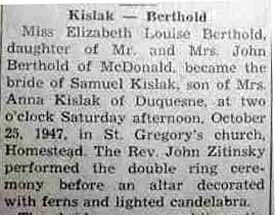 Part 1 Marriage Notice for Samuel KISLAK to Elizabeth Louise Berthold, 15 Oct 1947