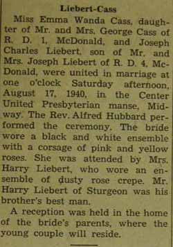 Marriage Notice for Joseph Charles LIEBERT to Emma Wanda Cass, 17 Aug 1940