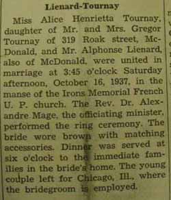 Marriage Notice for 
        Alphonse LIENARD to Alice Henrietta Tournay, 16 Oct 1937