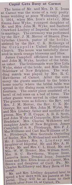 Marriage Notice for Sanford Crawford LINDSEY to Emma Jane WYKE, 3 Jun 1914